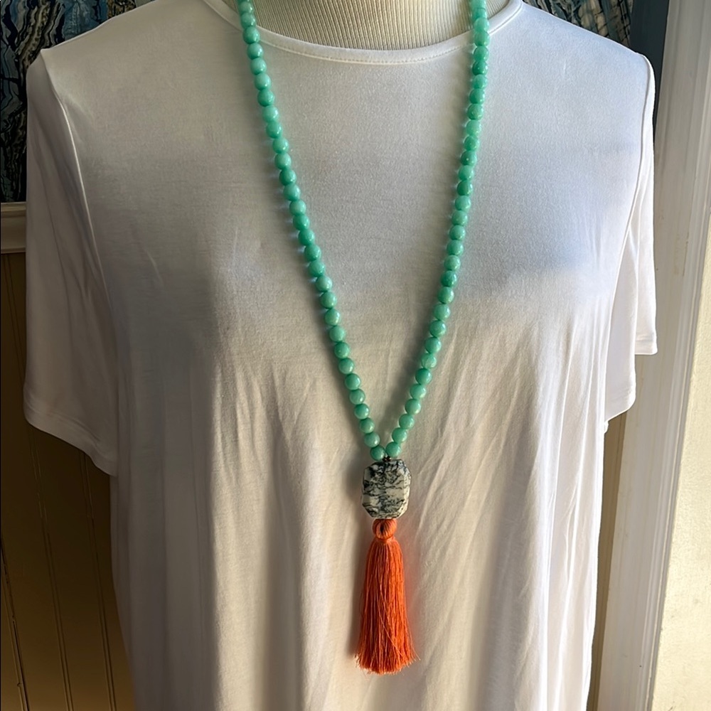 Betsy Pittard Designs Stone Bead Slipover Necklace with Orange Tassel
